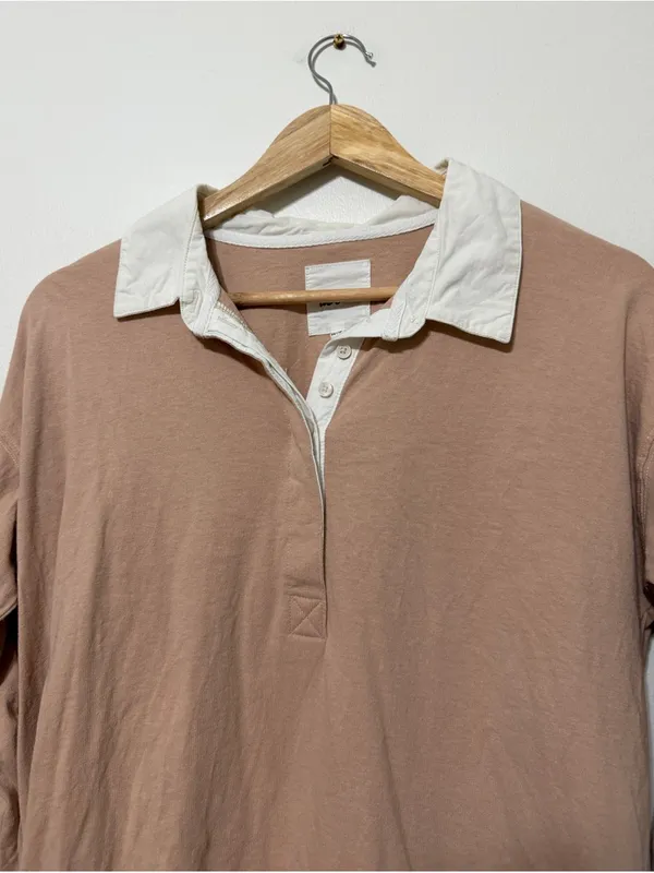 Aerie Oversized Rugby Polo Shirt Size XS Tan Long Sleeve Top - Image 4