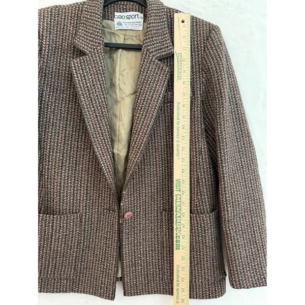 Ciao Sport Ltd Vintage Wool Blazer Womens 12 Brown Tweed Piping Academic Jacket - Image 6