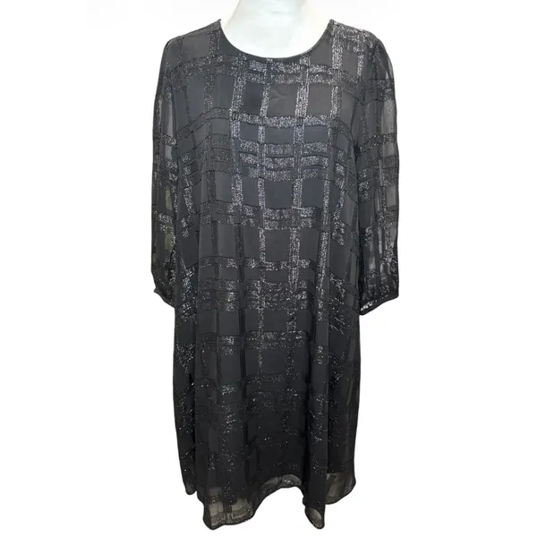 Calvin Klein Metallic Windowpane Trapeze Dress | Black | Size 16 | Sheer Sleeve - Image 6