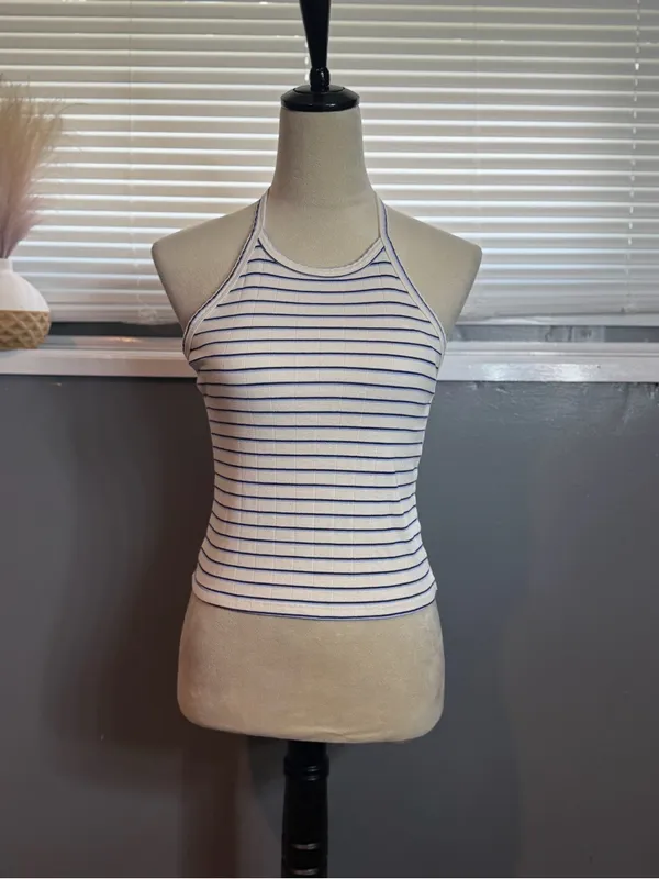American Eagle Blue & White Striped Halter Tank Top Size M Coastal Summer - Image 3