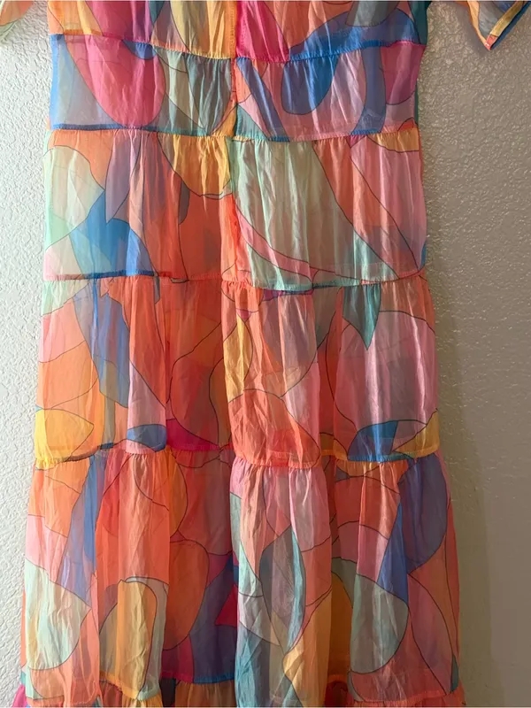 Sheer Multicolor Abstract Print Tiered Maxi Dress Short Sleeve Rainbow Medium - Image 11