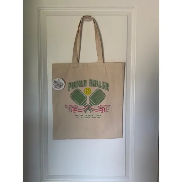 Leslie Jo Design Pickle Baller Canvas Tote Bag Beige Stay Outta The Kitchen NWT - Image 2