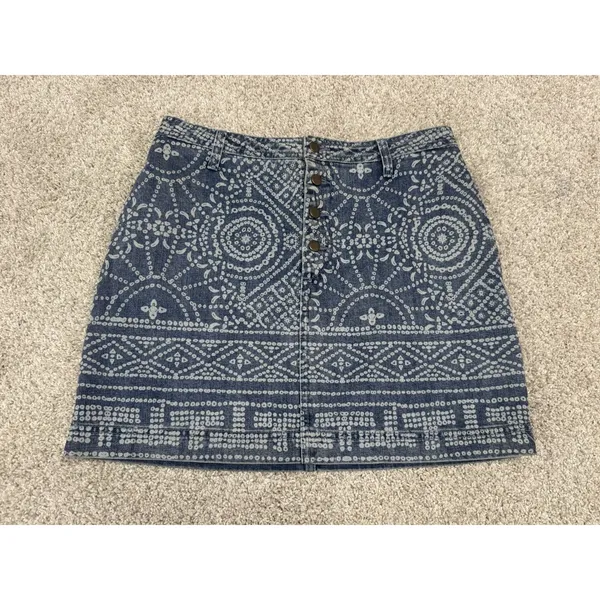 Free People School Daze Indigo Batik Denim Button Front Mini Skirt Size 8 - Image 2