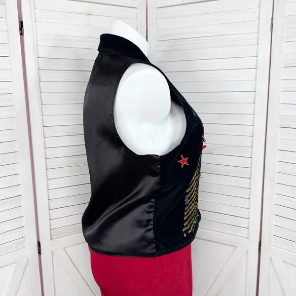 Vintage 90s DressBarn Velvet Embroidered‎ Christmas Button Up Vest Top Black XL - Image 3