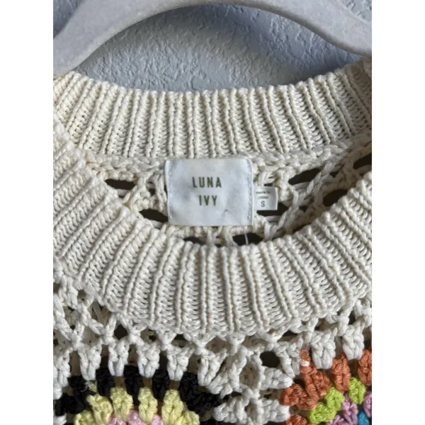 Luna Ivy Crochet Sweater Crop Granny Knit Top Cottagecore Boho Patchwork Small - Image 6