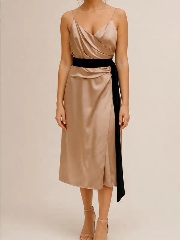 Vera Wang Maids Taupe Tea Length Sleeveless Waist Tie Formal Bridesmaid Dress - Image 10