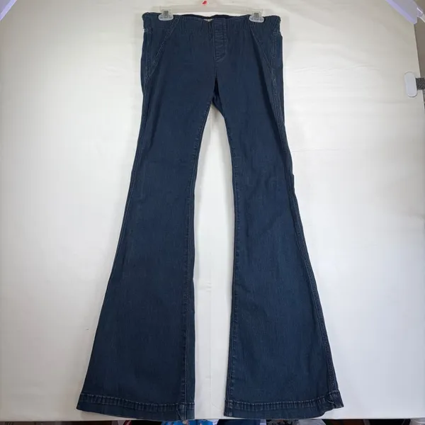 Free People Penny Pull On Flare Jeans Dark Wash Blue Denim Size 30x33 Bohemian - Image 2