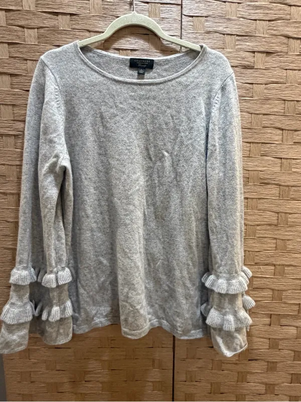 CHARTER CLUB Pure Cashmere Double-Ruffle Sweater Gray Large Minimalist Luxury - Image 2