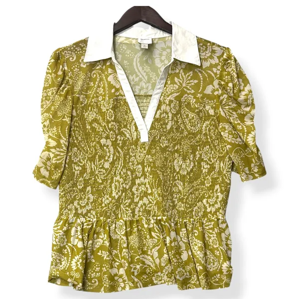 Maeve Blouse Mesh Olive Green Floral Smocked Peplum Cottagecore Boho‎ Womens XL - Image 2