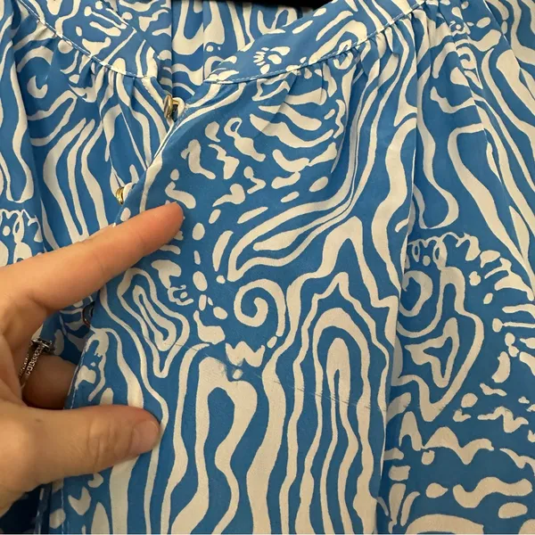 Lilly Pulitzer Camille Blouse Silk Night Swimming Blue White Print Womens Large - Image 5