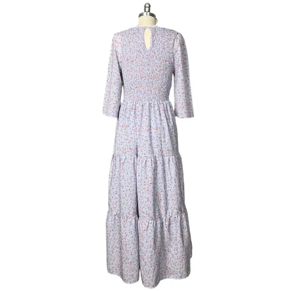 Melloday Baby Blue & Pink Smocked Bodice Tiered Floral Print Maxi Dress M - Image 7