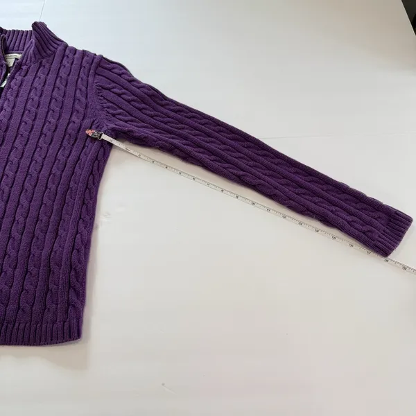 LL Bean Purple Mock Neck Full Zip Cable Cotton Cardigan Sweater Size SMALL - Image 8