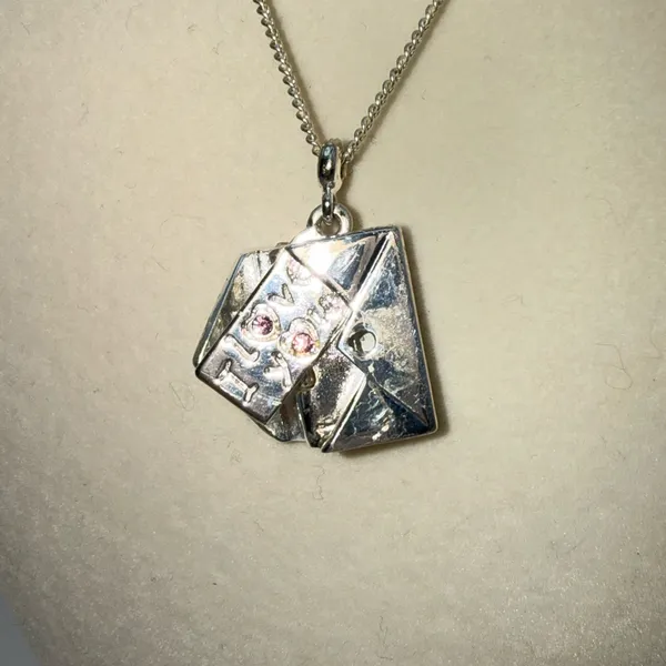 I Love You Envelope Pendant Necklace Silver Tone Pink Rhinestone Love Letter - Image 3