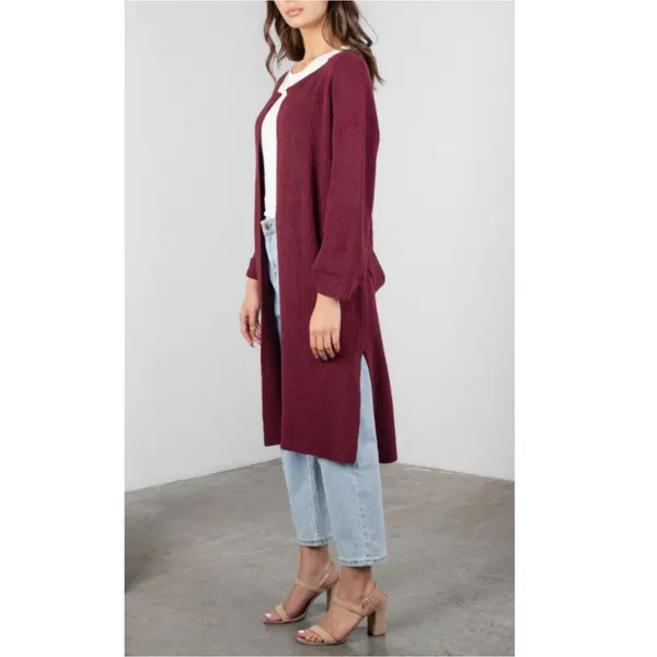 MOD REF Duster Cardigan Women M Gray Ribbed Knit Belted Sweater TR2109-A - Image 6
