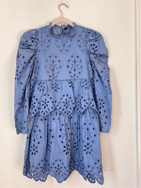 Zara Blue Floral Eyelet Mini Dress XS 100% Cotton Long Sleeve Cottagecore - Image 3