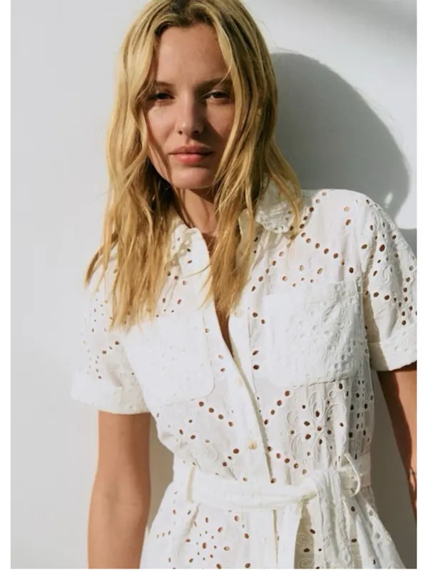 Sezane Adele Short Sleeve Embroidered Midi Dress Eyelet Collar Ecru FR 36 US 4 - Image 7