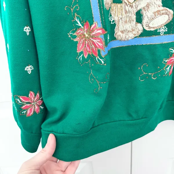 Vintage 90’s Christmas Teddy Bears Green Holiday Sweater w/ Glitter MD - AS IS - Image 2