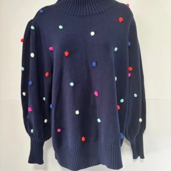 Crown & Ivy 1X Navy Turtleneck Sweater Multicolor Pom Pom Knit Long Puff Sleeve - Image 2