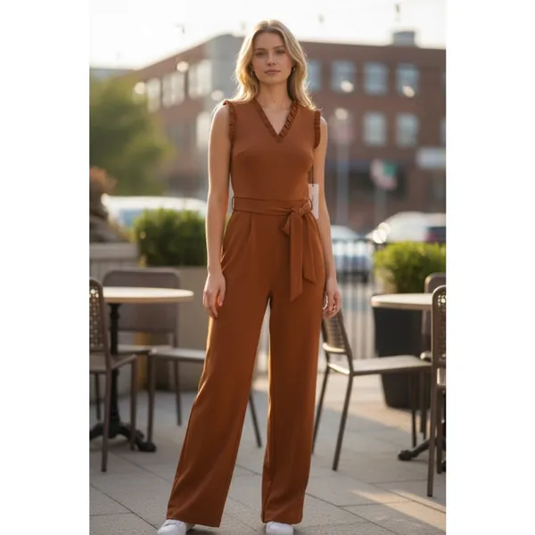 Calvin Klein Brown Ruffle V-Neck Jumpsuit Size 6 - Image 6
