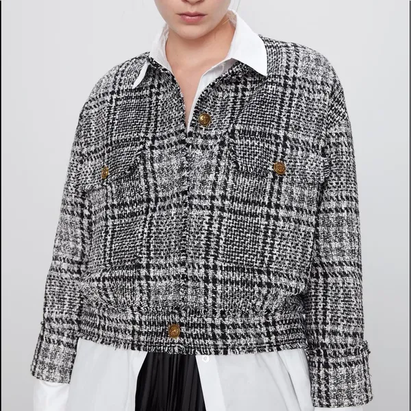 Zara Houndstooth Bomber TWEED Jacket w/ Pockets & Gold Buttons Black/White NEW - Image 7