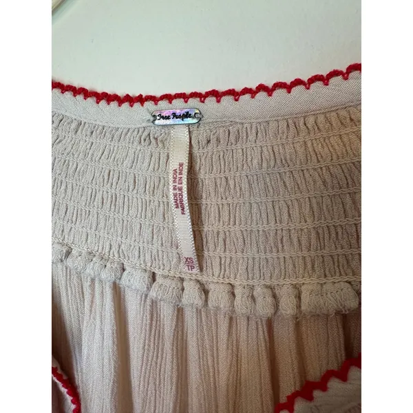 Free People Boho Embroidered Mini Dress Cream Red Tassel XS Peasant Gauze - Image 3