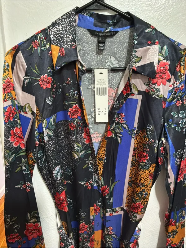 #60 NWT Long Tall Sally Satin Tie Waist Shirt Multicolor Dress Size 6 - Image 4