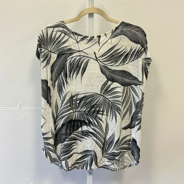 Tahari 100% Linen Tropical Palm Leaf Print Cap Sleeve T-shirt Top Black White XL - Image 2