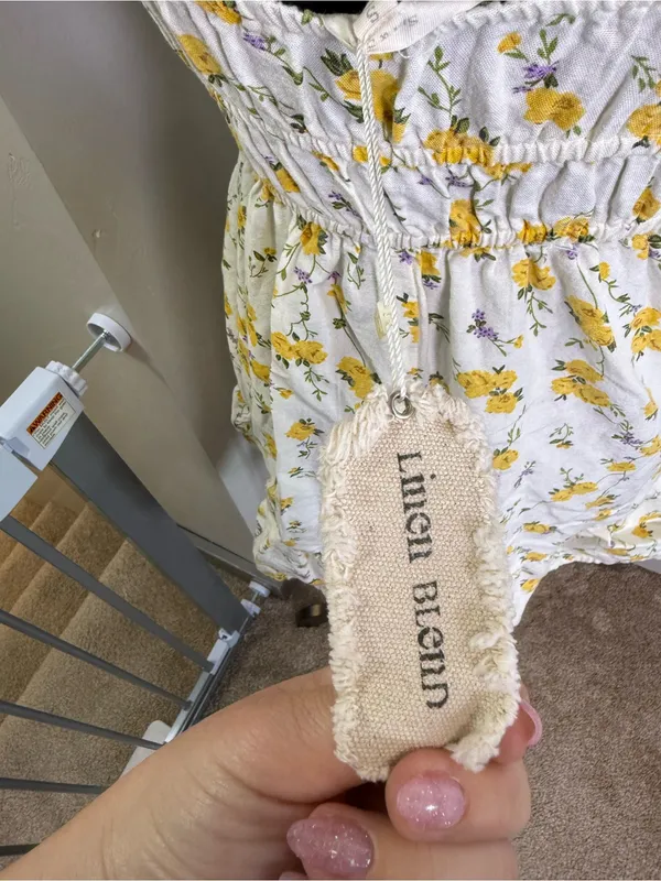 NWT Sim & Sam‎ Yellow White Linen Blend Floral Mini Dress Keyhole Sun Dress S - Image 7