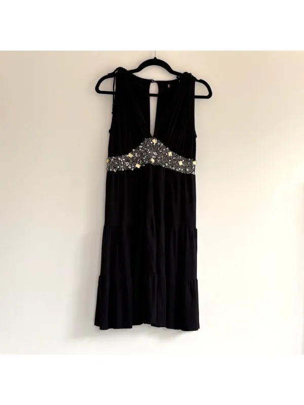 Black Embellished Empire Waist Dress Beaded Tiered Skirt with Tie Straps - Image 3