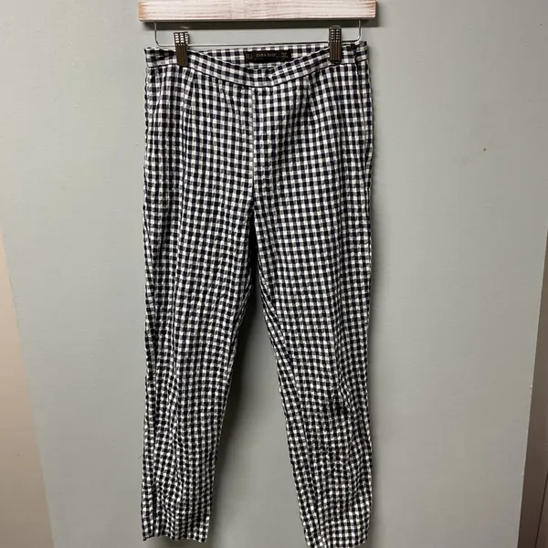 Zara Basic Gingham Trousers Womens S Navy Blue Check Side‎ Zip Ankle Pants - Image 2