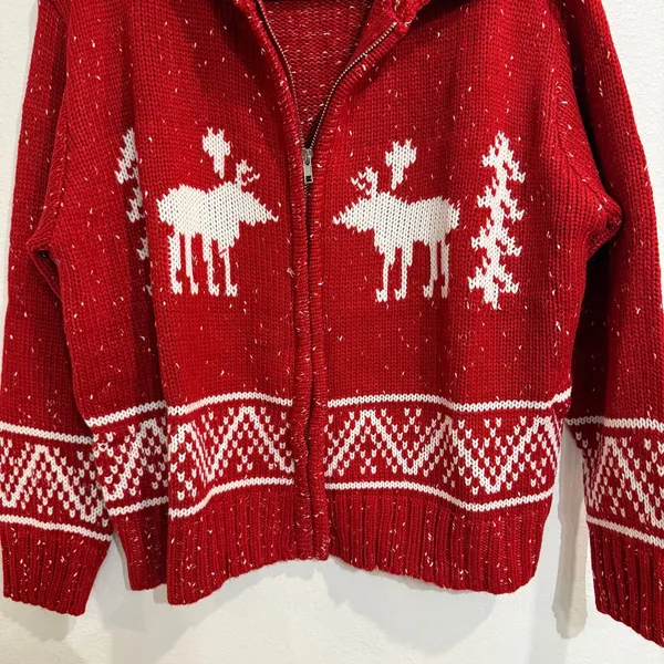 Magnolia Boutique Red White Moose Aztec Zip Sweater Cardigan Sz S NWOT - Image 4