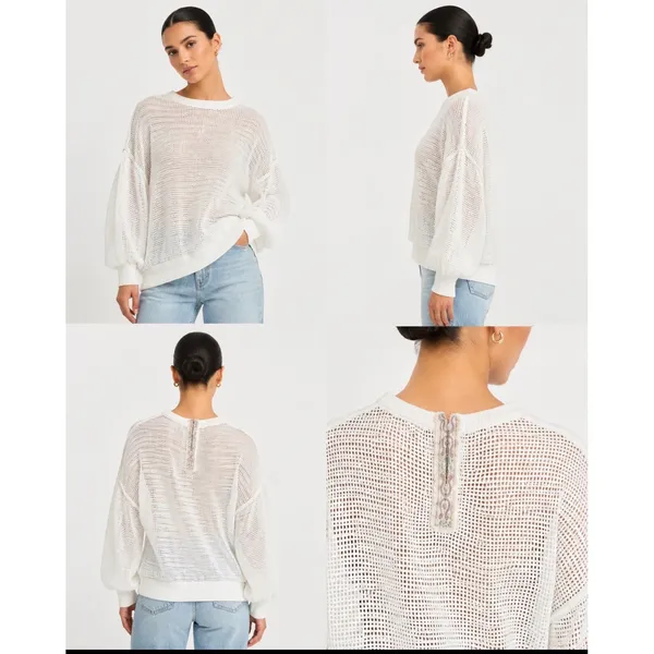 New! POL Oversized Open Knit Mesh Sweater Ivory Boho‎ Beachy Pullover Sz Small - Image 9