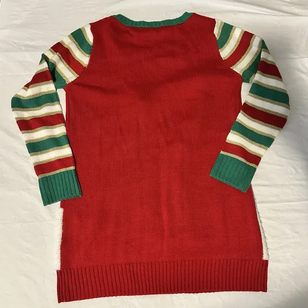 Womens Red Sequin Elf Long Tunic Style Christmas Holiday Sweater Sz Large - Image 7