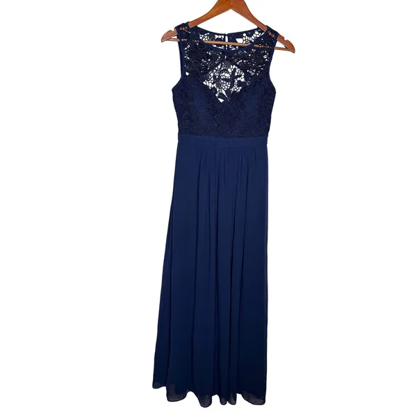 Lulus So Far Gown Navy Crochet Lace Open Back Chiffon Maxi Dress Sleeveless Sz M - Image 10