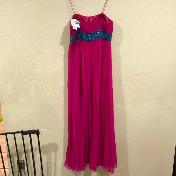 NWT NEW Scala N4008 hot pink silk and blue beaded embellished prom dress - Image 2