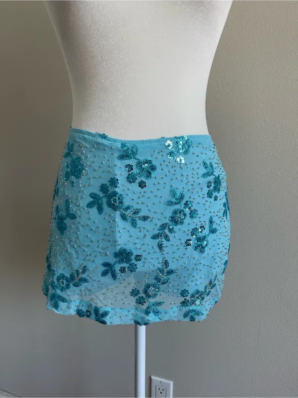 Sky Blue Sequin Floral Mini Skirt - Image 4