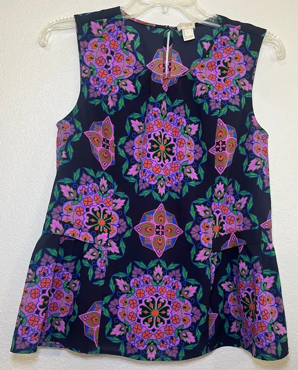 J. Crew Navy Colorful Damask Mirror Image Peplum Hem Top Tank Blouse Size 2 - Image 4