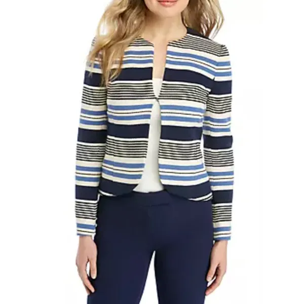 Anne Klein Tweed Jacket Women 4 Blue Black‎ Striped Open Front Tulip Hem Blazer - Image 3