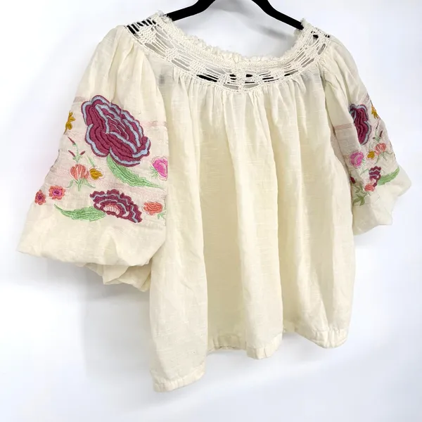 Free People Bohemia Embroidered Peasant Top XS Cream Boho Puff Sleeve - Image 8