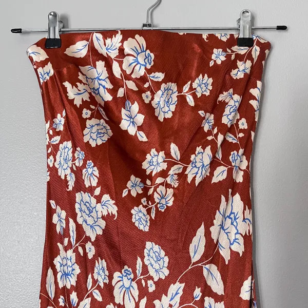 Bec + Bridge Blossom Strapless Satin Floral Cowl Back Maxi Dress Rust Red - Image 4