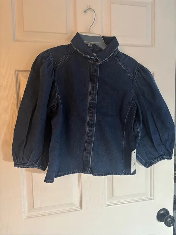 Oat New York Dark Blue Denim Puff-Sleeve Jacket, Size-Small - Image 12