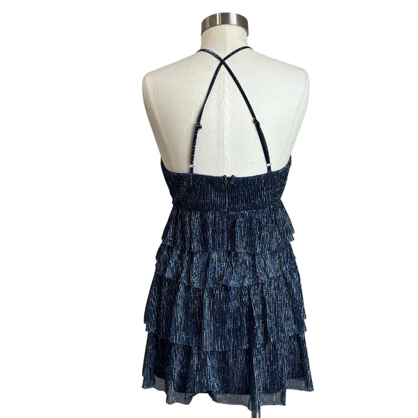 Lulus Glowing Gorgeous Blue Multi Metallic Tiered Mini‎ Dress Size Small - Image 3