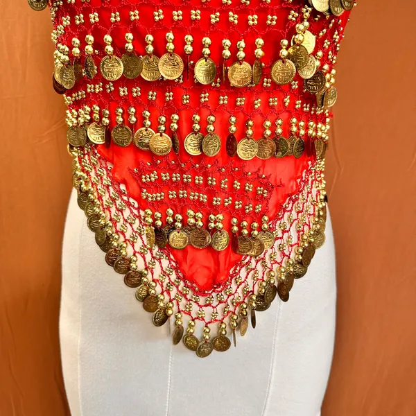Belly Dance Costume Size M-L Red Golden Coins Halter Top & Hip Scarf - Image 7