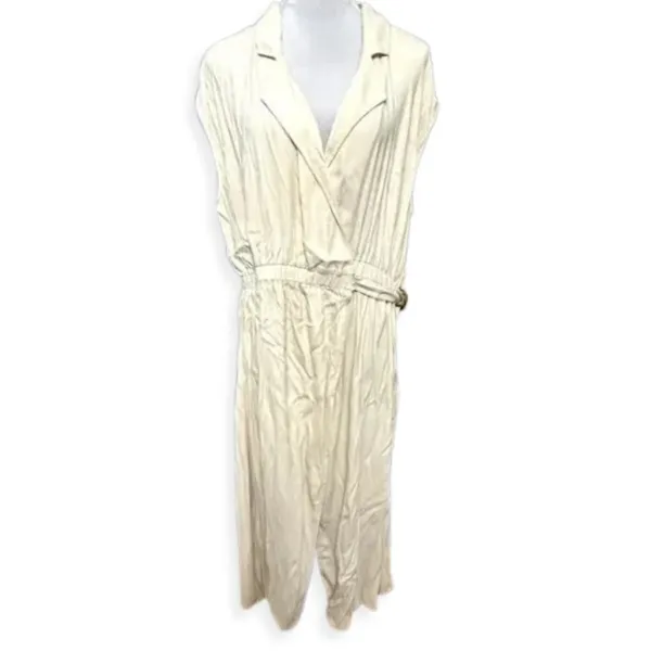 Halogen Midi Wrap Dress Notch Lapel Sleeveless Elastic Waistband Cream W 1X NWT - Image 2