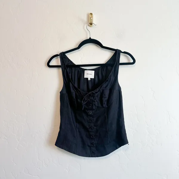 Reformation | Beverly Linen Silk Corset Button Front Top in Black | Size 0 - Image 3