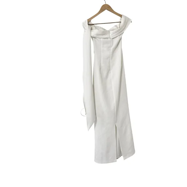 BABYBOO Addie Off Shoulder Ruched Ivory Crepe Maxi Dress - Image 6