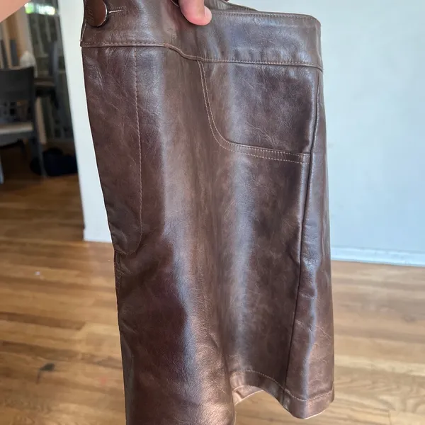 Cider Brown Faux Leather Mini Skirt Distressed A-Line Pockets XL - Image 8