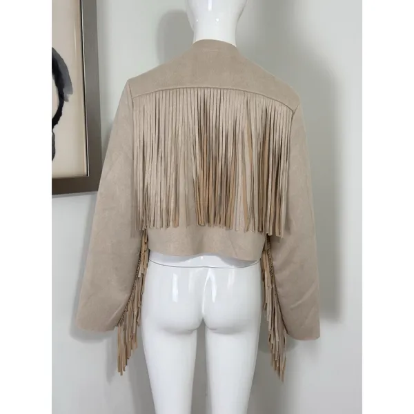 Women’s Boho Western Fringe Faux Suede Jacket Beige Festival Cowgirl Size L - Image 8