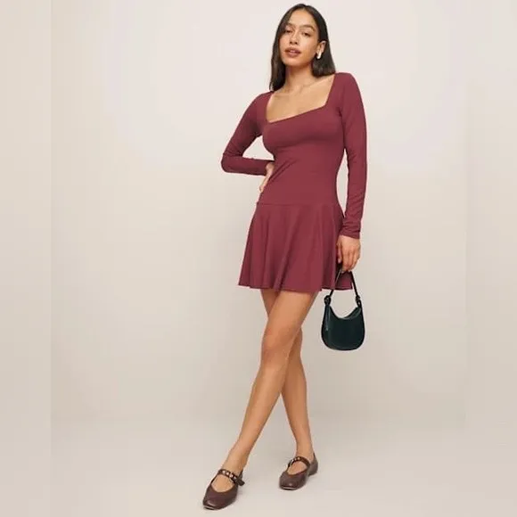 Reformation Coen Dress Burgundy Square Neck Long Sleeve Mini XL - Image 2