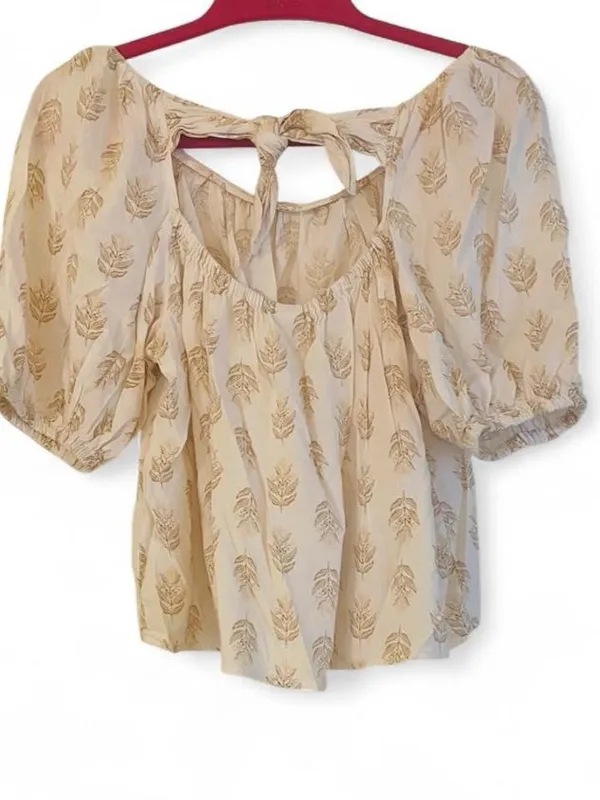 Old Navy Gold Leaf Peasant Blouse Off Shoulder Puff Sleeve Bow Back Small - Image 3